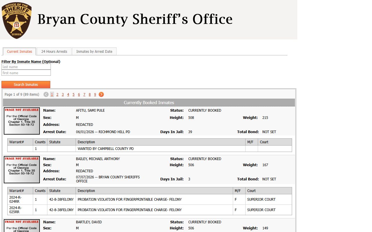 Bryan County inmate records current inmate roster
