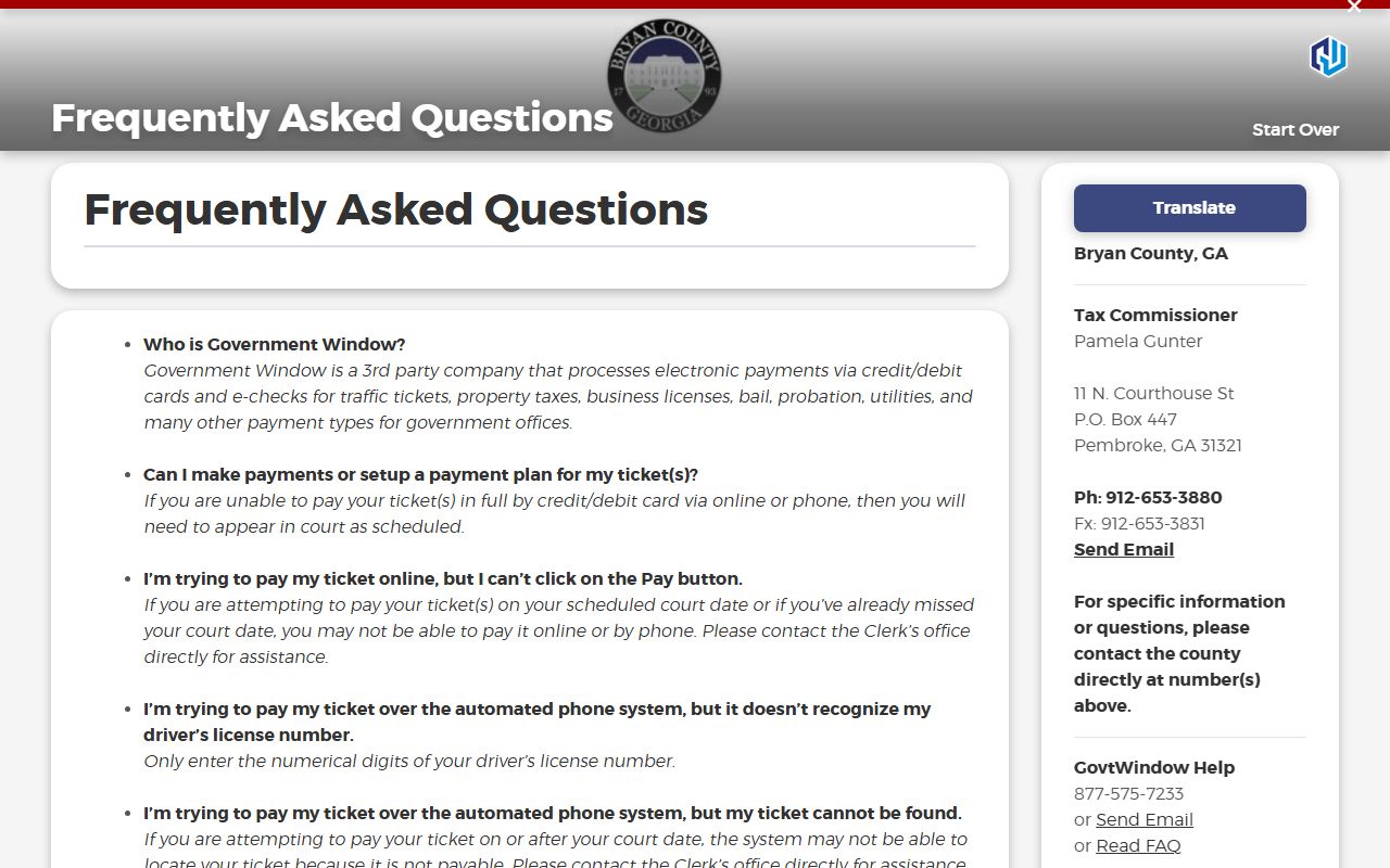 Bryan County traffic court records Government Window payment FAQ
